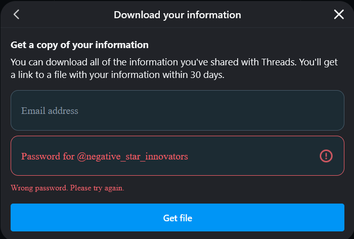Threads incorrect password for data download